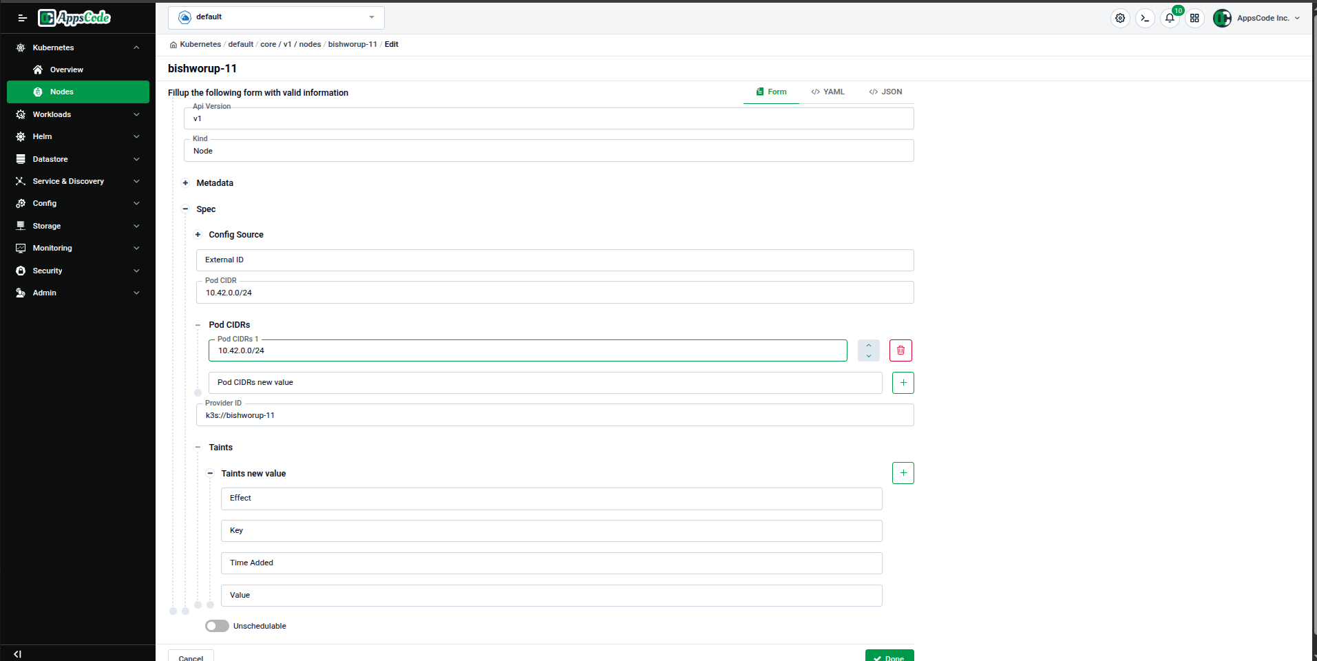 Node edit form showing Pod CIDRs, Taints, and the Unschedulable toggle