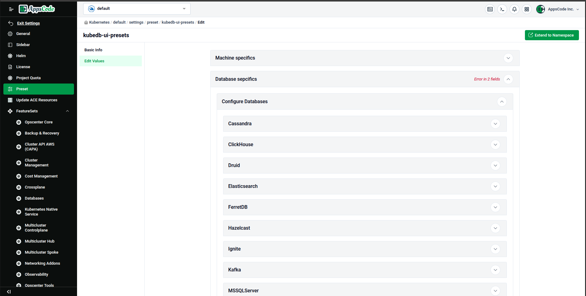 Database Specifics — list of supported databases in the preset