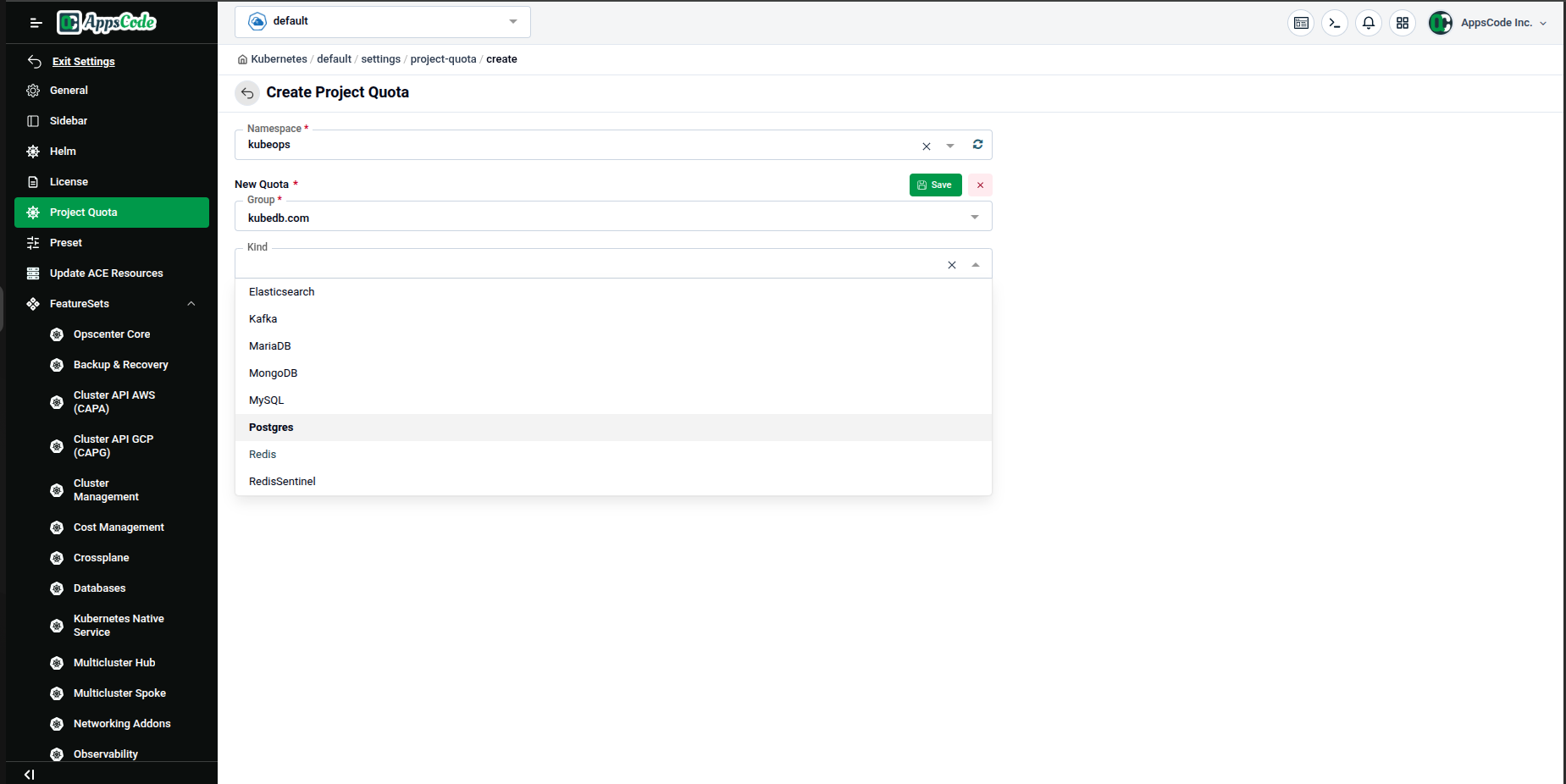 Kind dropdown filtered to KubeDB resource types — Elasticsearch, Kafka, MongoDB, Postgres, Redis, etc.