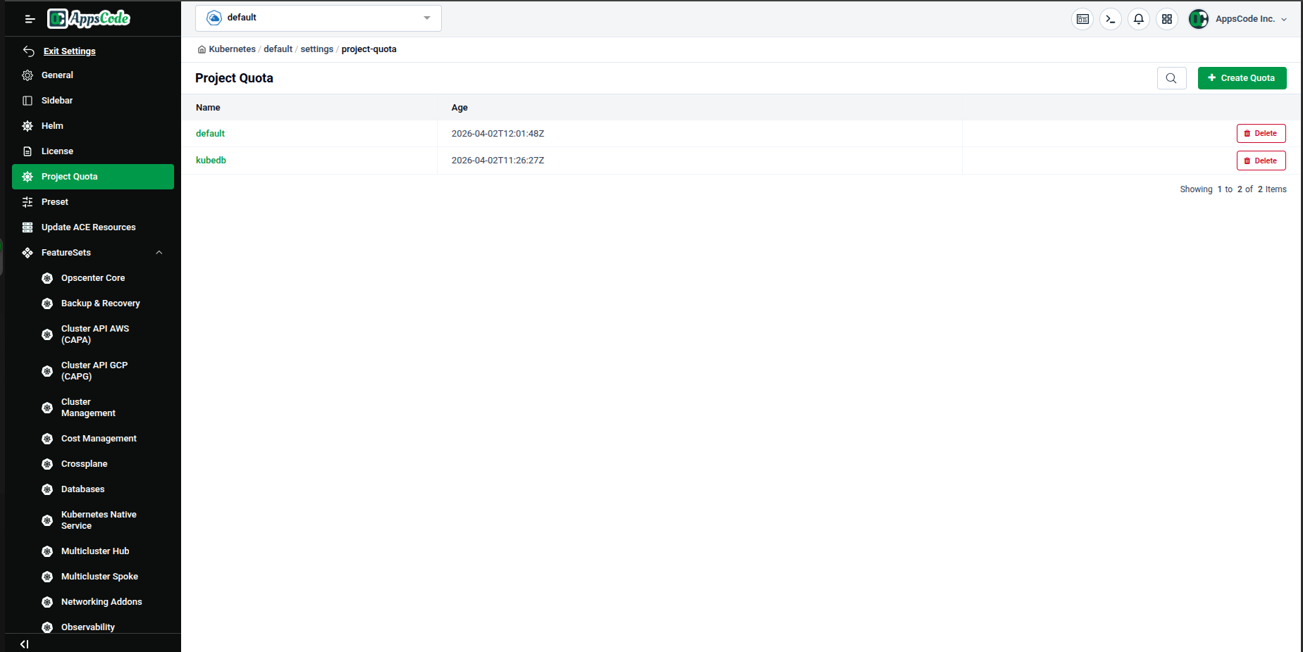 Project Quota list page showing existing quotas for &ldquo;default&rdquo; and &ldquo;kubedb&rdquo; namespaces