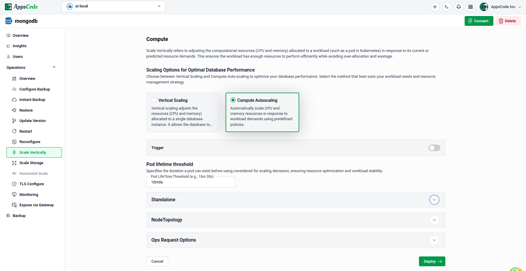 Compute Autoscaling method selected showing Trigger toggle, Pod Lifetime Threshold, Standalone, NodeTopology, and OpsRequest Options sections