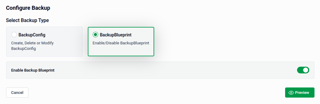 BackupBlueprint panel with Enable Backup Blueprint toggle
