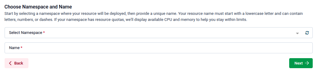 Choose Namespace and Name step showing Select Namespace dropdown and Name field
