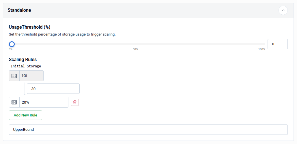Standalone panel showing UsageThreshold slider, Scaling Rules with Initial Storage and percentage steps, and UpperBound field