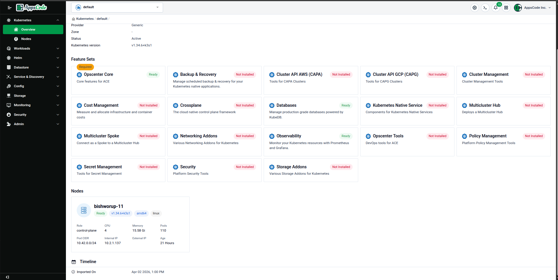 Feature Sets grid with status badges — Ready (green) and Not Installed (red)