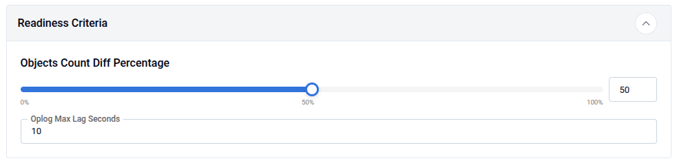 Readiness Criteria panel showing Objects Count Diff Percentage slider at 50% and Oplog Max Lag Seconds field set to 10