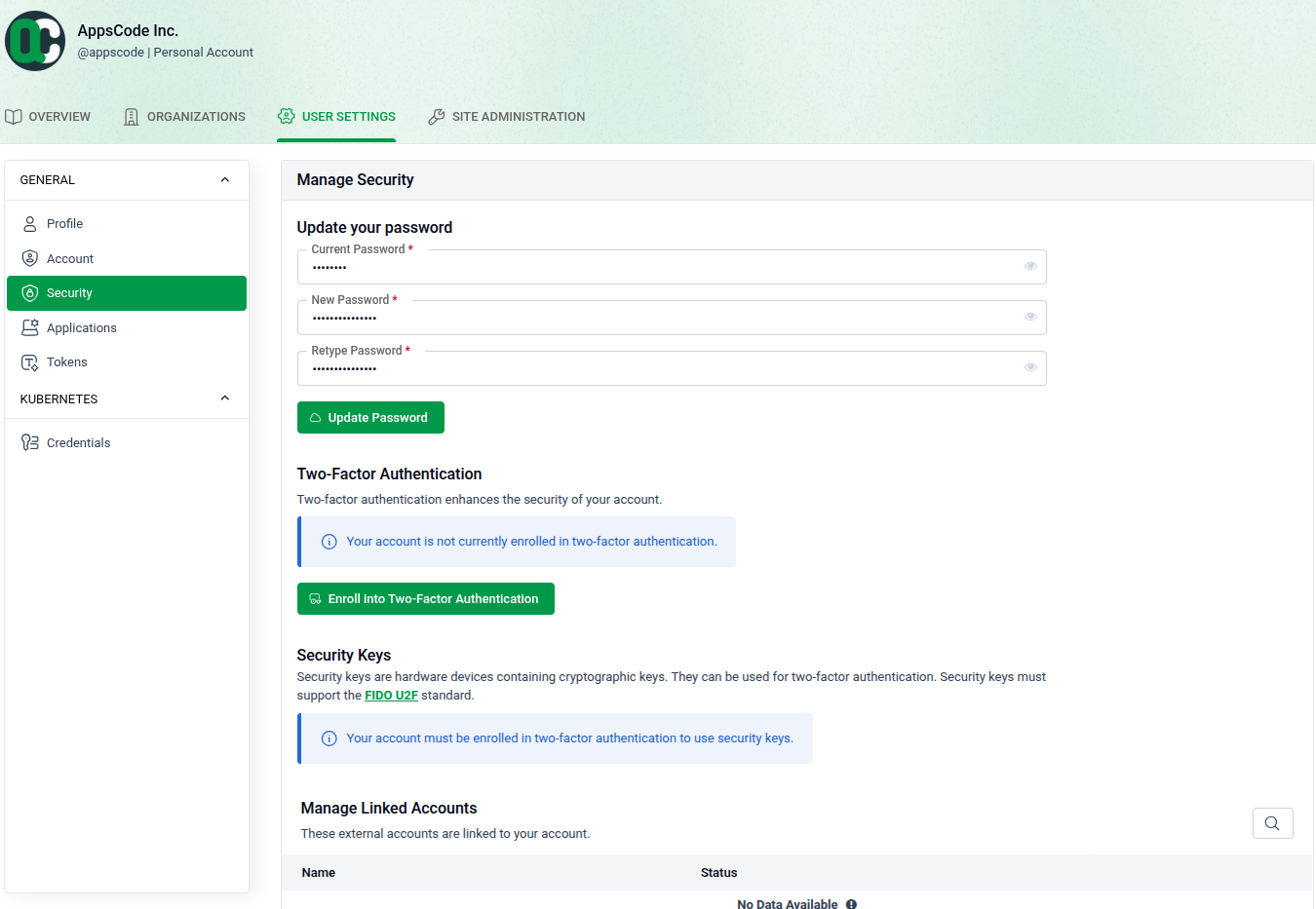 Update Password and Linked Accounts
