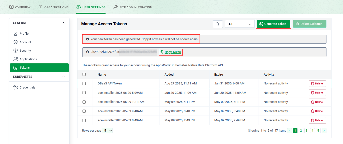 Copy the generated token
