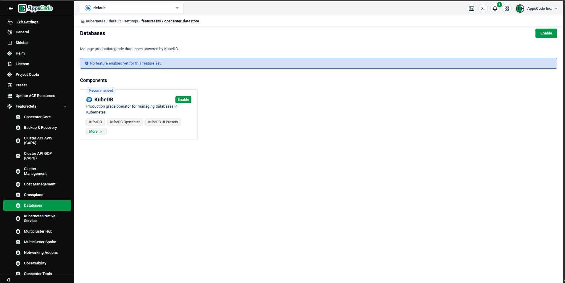 Databases Feature Set page — KubeDB component with Enable button