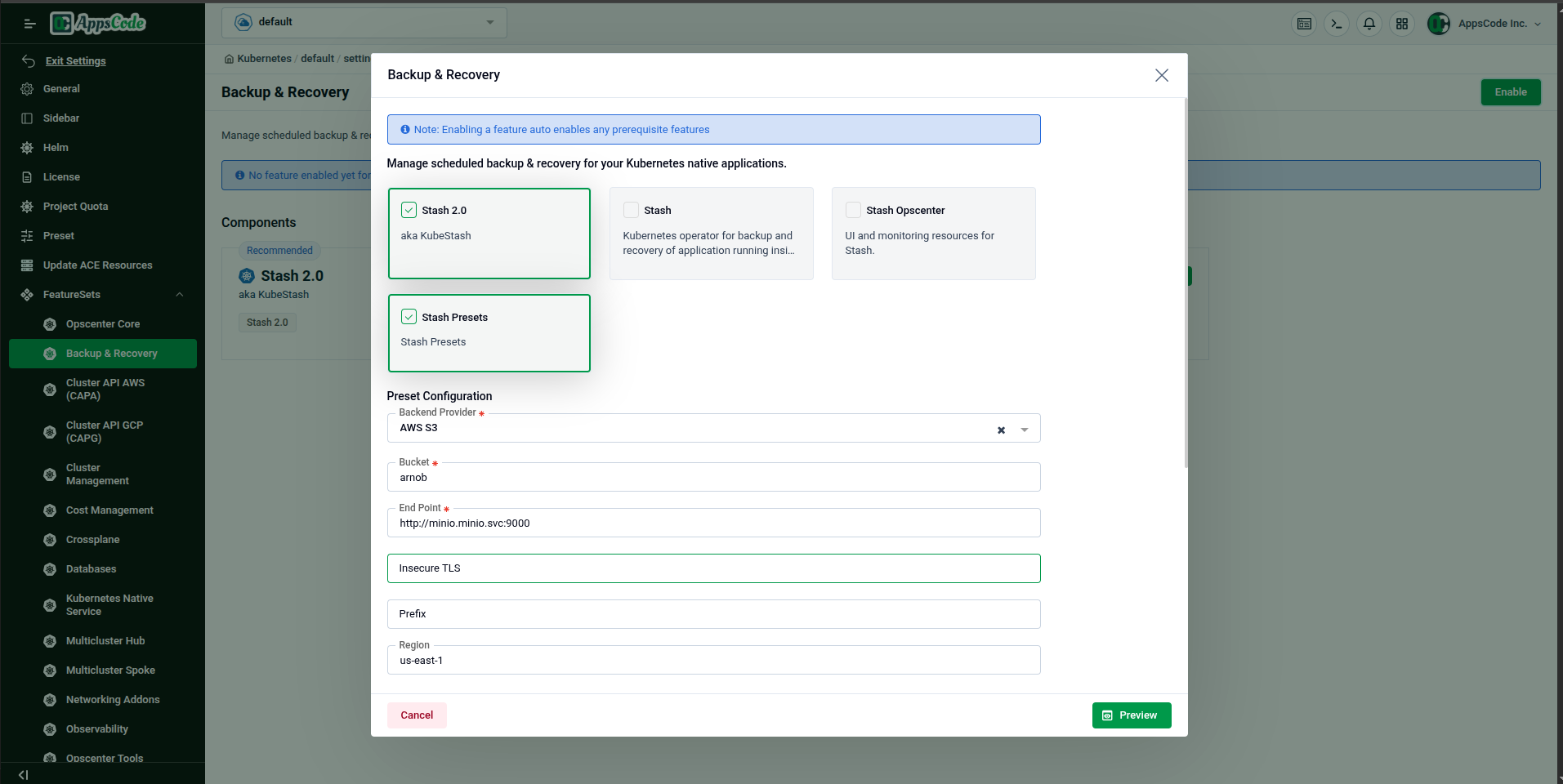 Backup & Recovery Enable modal — component checkboxes and Preset Configuration form