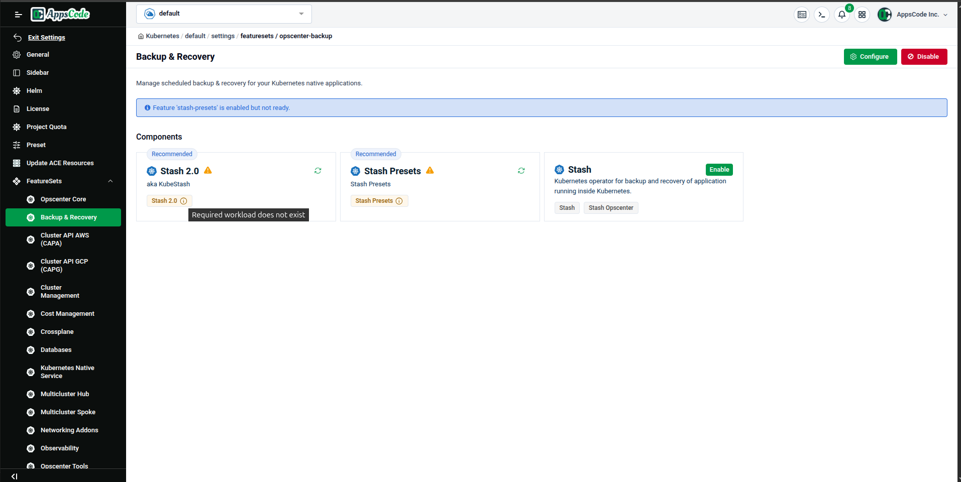 Backup & Recovery page in partially-ready state — warning icons on components still initializing