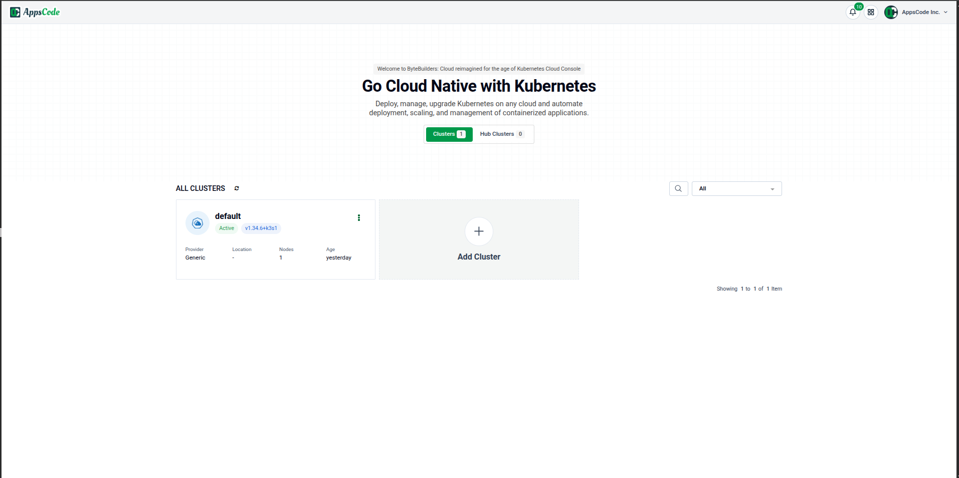 AppsCode home screen showing the cluster list — click a cluster card to open its Overview