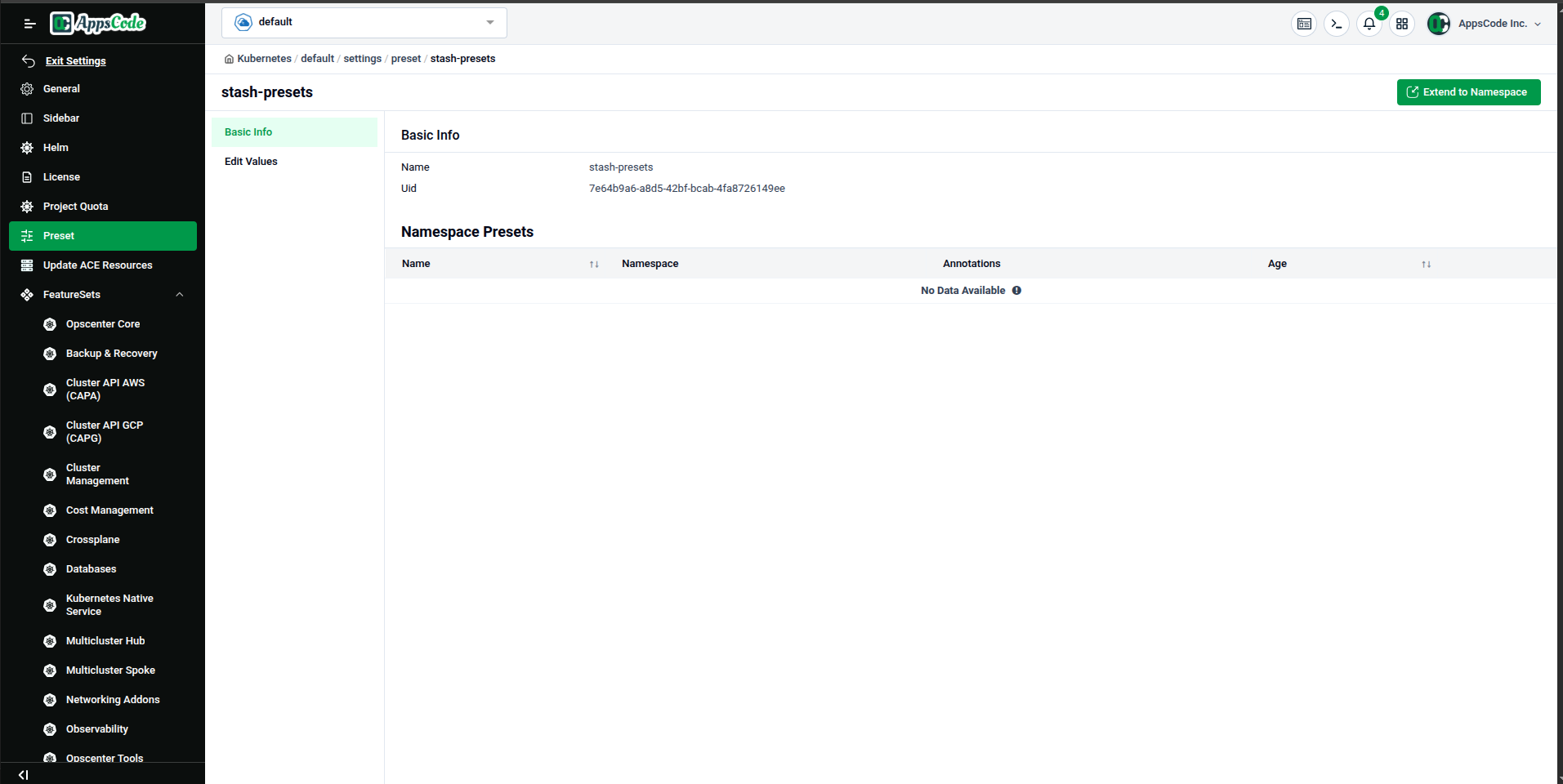 Preset detail page — Basic Info tab showing Name, UID, and an empty Namespace Presets table