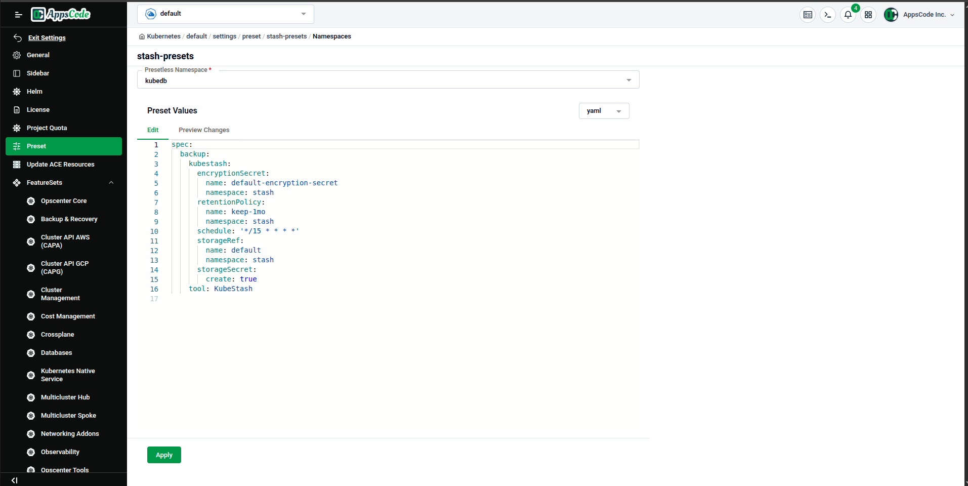 Preset Values editor — namespace-specific YAML with Apply button at the bottom