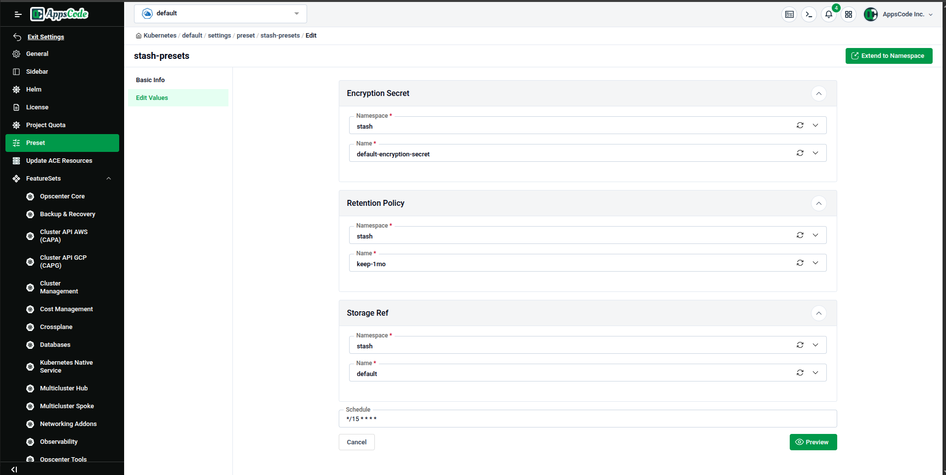 Edit Values form — collapsible sections for Encryption Secret, Retention Policy, Storage Ref, and Schedule