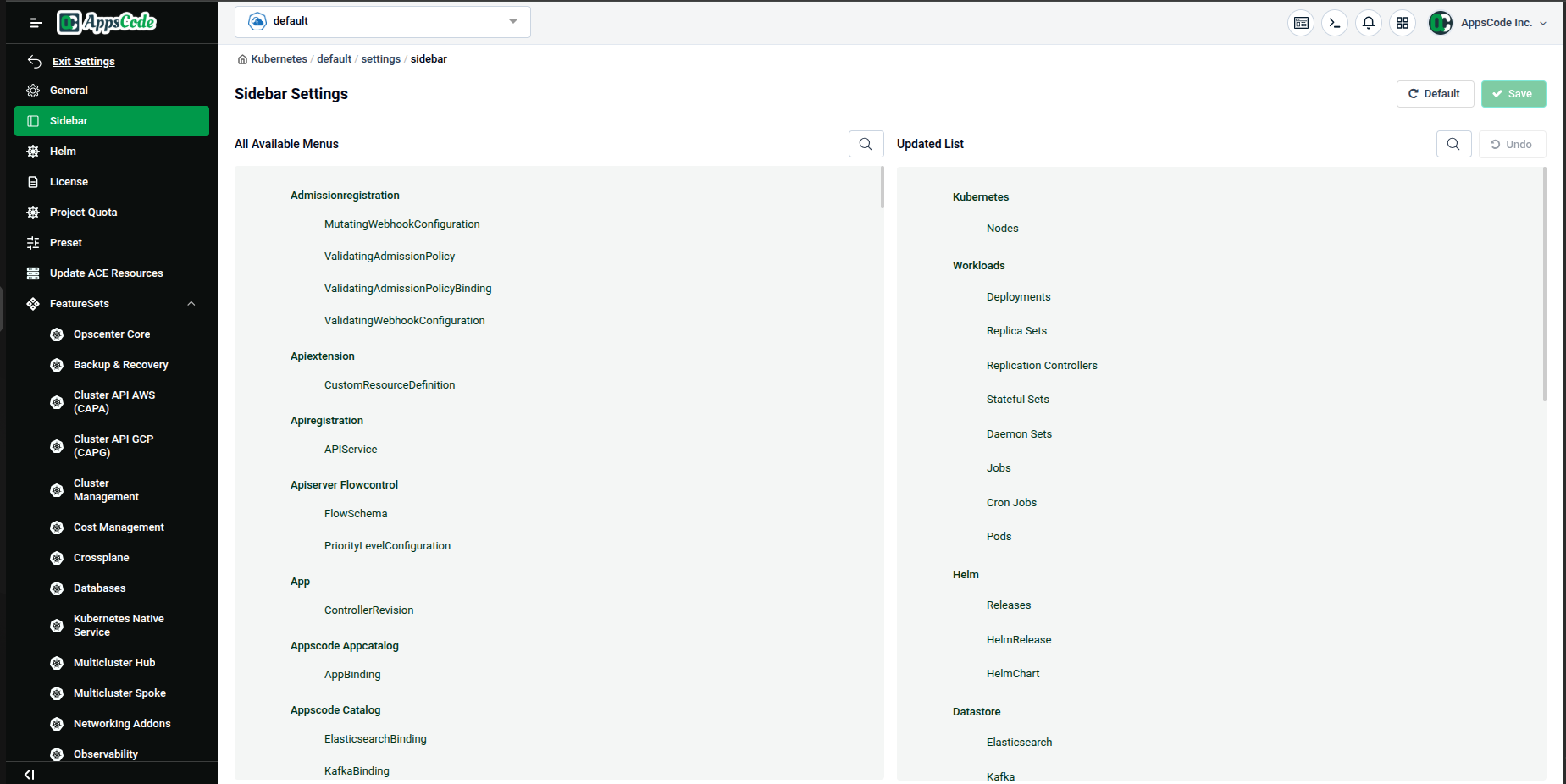 Sidebar Settings page showing Available Menus on the left and Updated List on the right