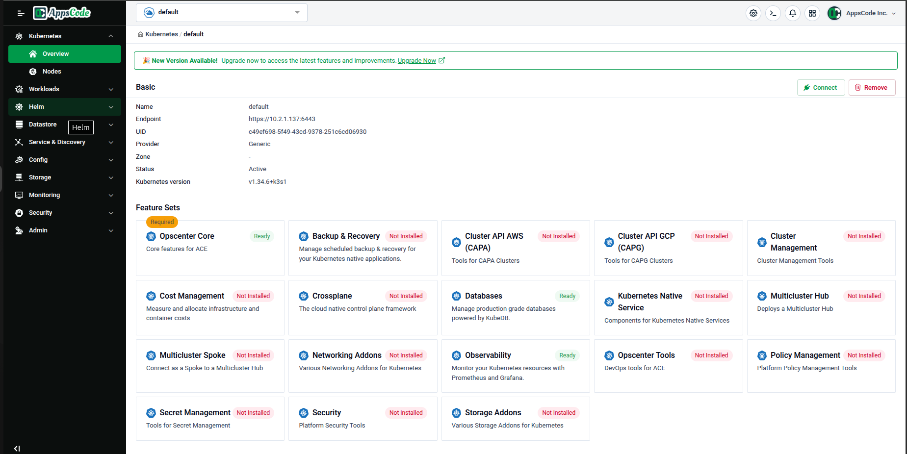 The default Cluster Overview page with the default sidebar navigation