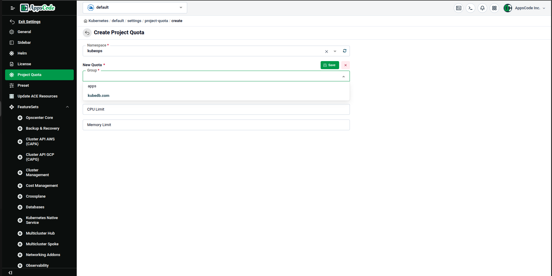 Group dropdown showing &ldquo;apps&rdquo; and &ldquo;kubedb.com&rdquo; options, with CPU Limit and Memory Limit fields below