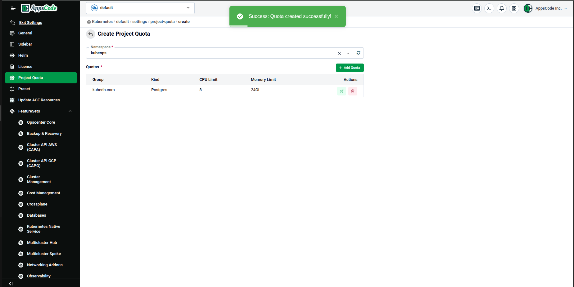 Quotas table showing the staged rule: kubedb.com / Postgres / CPU 8 / Memory 24Gi, with a success notification