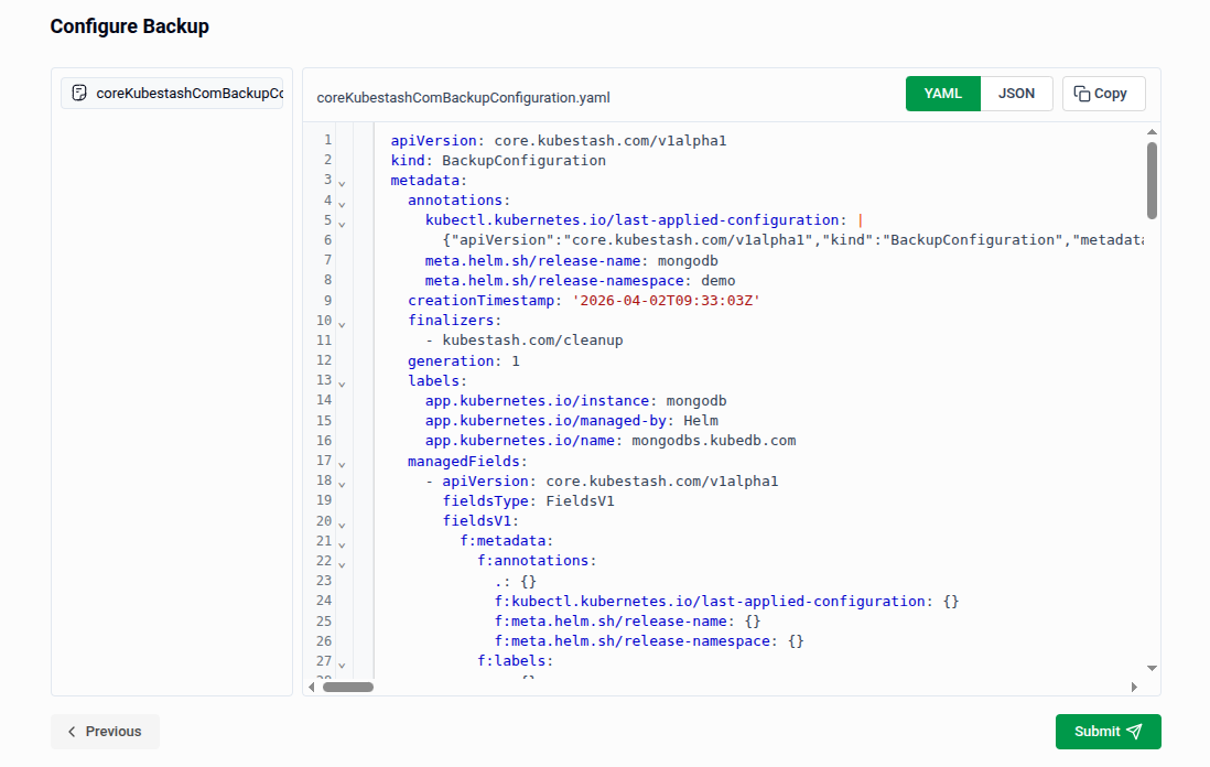 Submit button on the Preview page confirming the backup configuration update