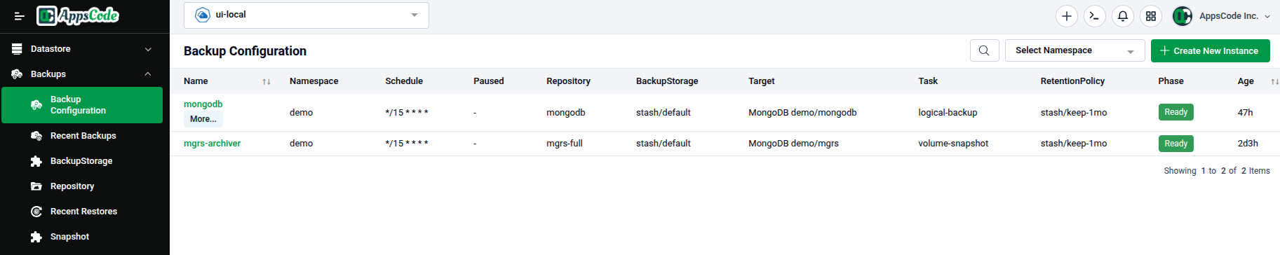 BackupConfiguration list page showing existing configurations with Name, Namespace, Schedule, Repository, BackupStorage, Target, Task, RetentionPolicy, Phase, and Age columns
