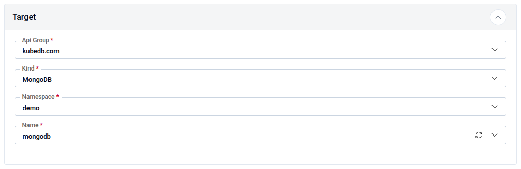 Target panel showing Api Group kubedb.com, Kind MongoDB, Namespace demo, and Name mongodb