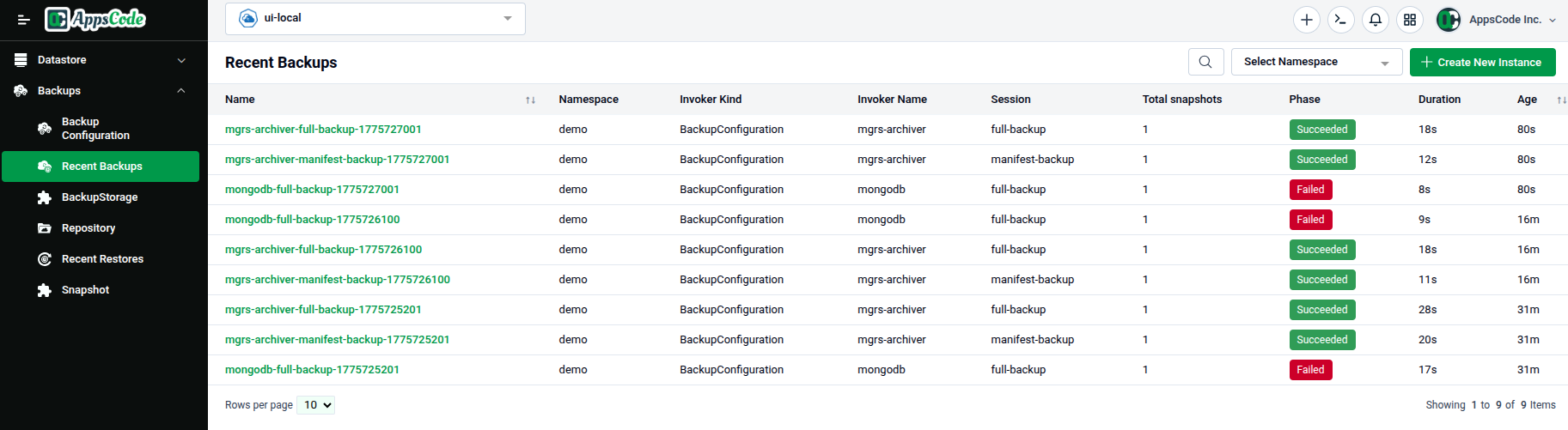 BackupSession list page showing sessions with Name, Namespace, BackupConfiguration, Invoker Kind, Invoker Name, Session, Timeout, Phase, Duration, and Age columns