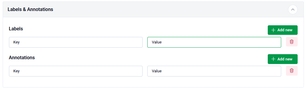 Labels and Annotations panel showing Labels and Annotations each with Key-Value input rows and Add new buttons