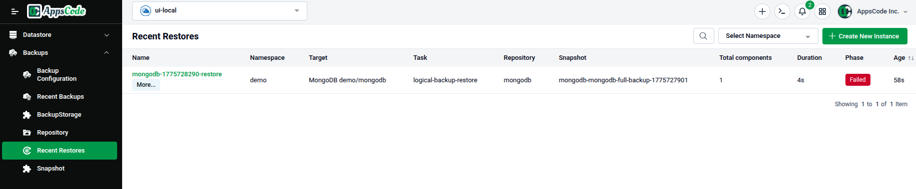Restore list page showing restore operations with Name, Namespace, Target, Task, Repository, Snapshot, Total components, Duration, Phase, and Age columns