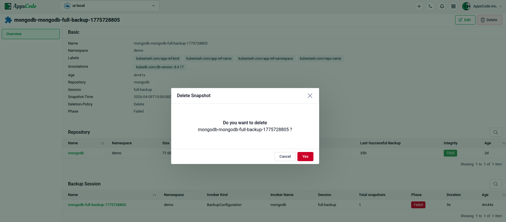 Delete Snapshot confirmation dialog showing deletion policy and confirmation options