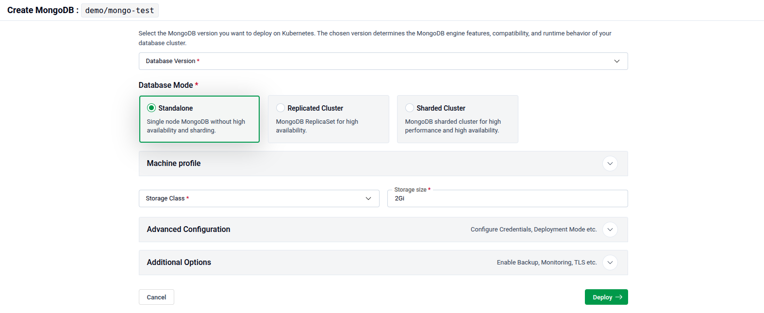 Create MongoDB configuration page showing Database Version, Database Mode cards, Machine Profile, Storage Class, Advanced Configuration, and Additional Options