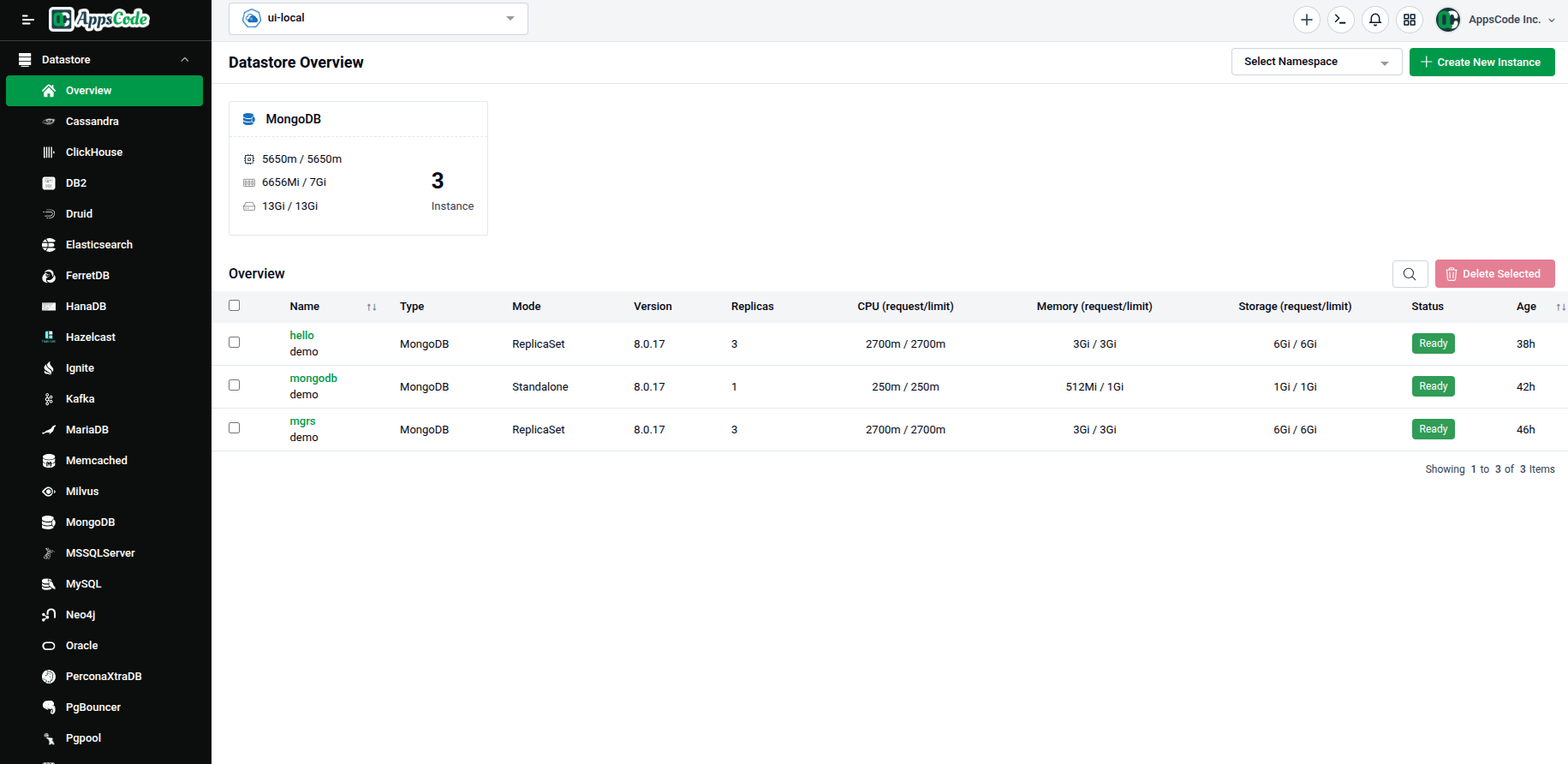 Datastore Overview page showing existing database instances and the Create New Instance button