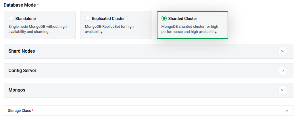 Sharded Cluster mode selected showing Shard Nodes, Config Server, and Mongos collapsible panels