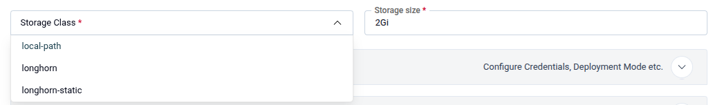 Storage Class dropdown showing local-path, longhorn, and longhorn-static options, alongside the Storage size field set to 2Gi