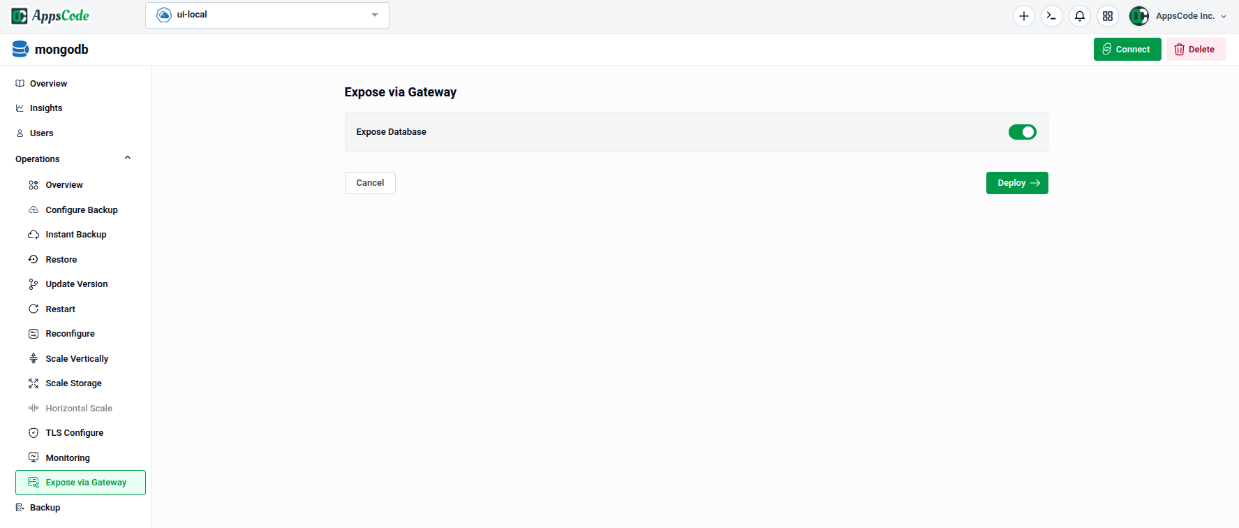 Expose via Gateway page showing the Expose Database toggle and Deploy button