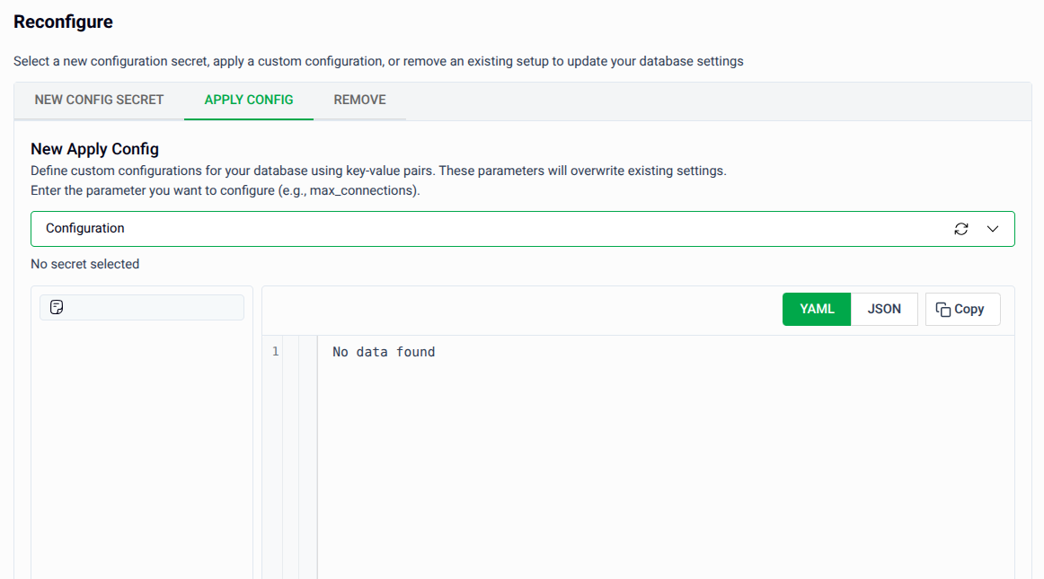 Apply Config tab showing the Configuration dropdown and YAML preview panel