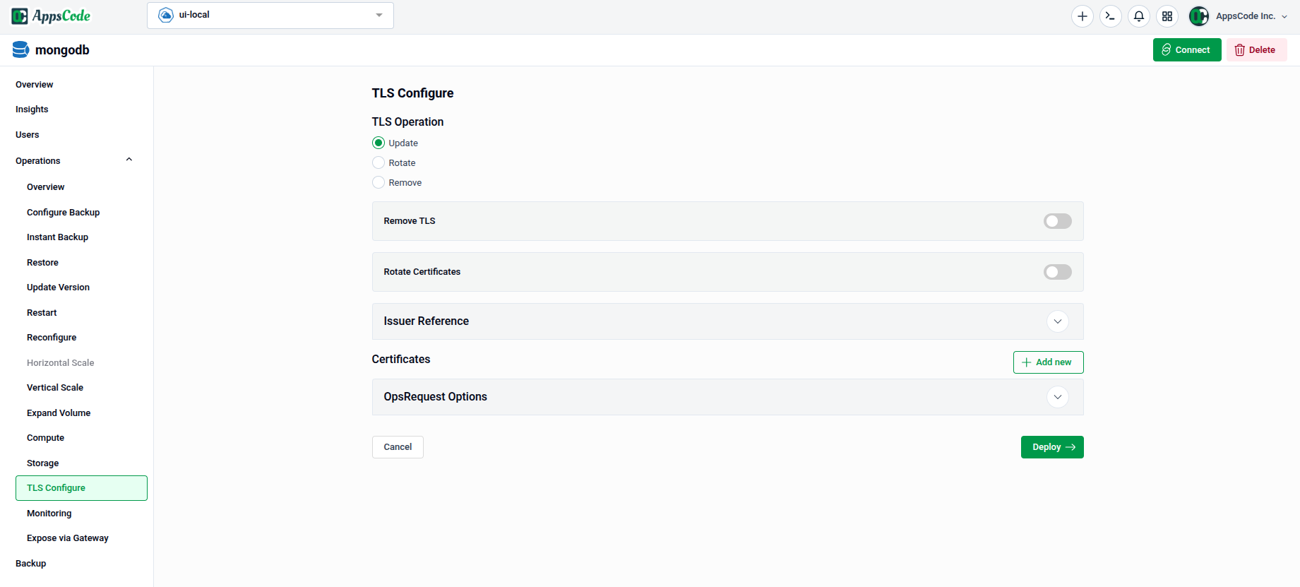 TLS Configure form showing all sections including TLS Operation, Issuer Reference, Certificates, and OpsRequest Options