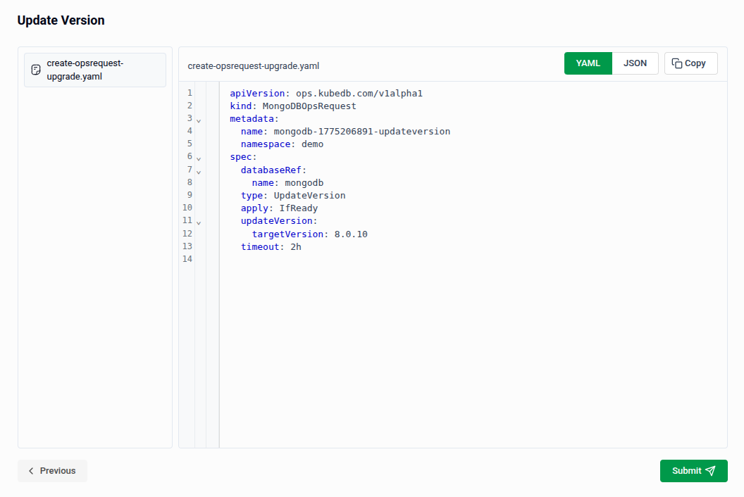 Preview page showing the generated MongoDBOpsRequest YAML manifest