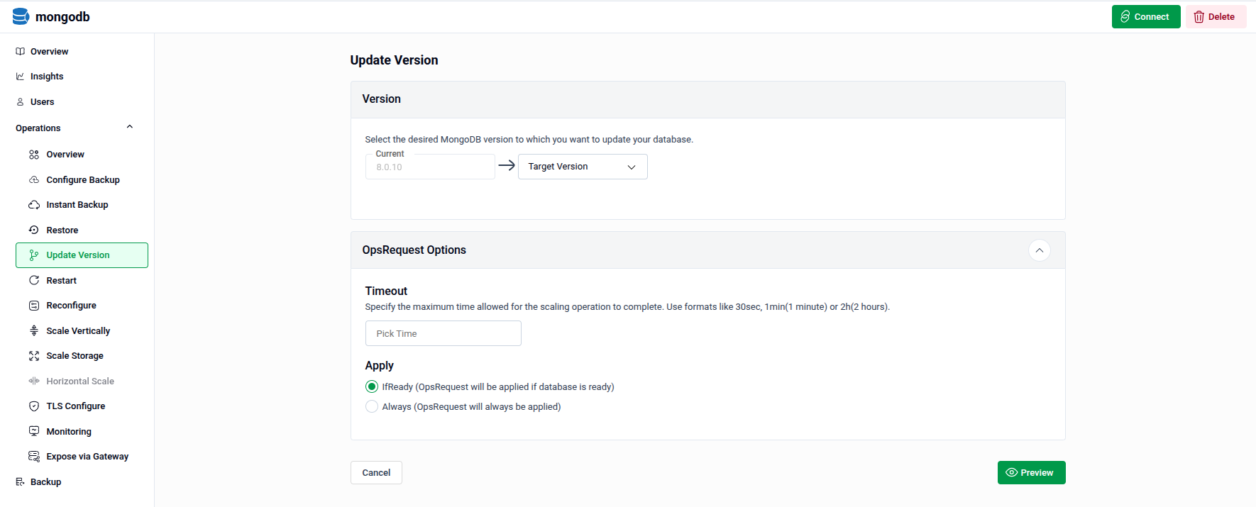 Update Version form showing Version selector and OpsRequest Options