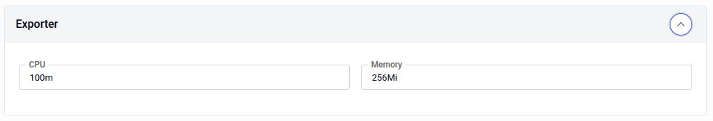Exporter panel showing CPU field set to 100m and Memory field set to 256Mi