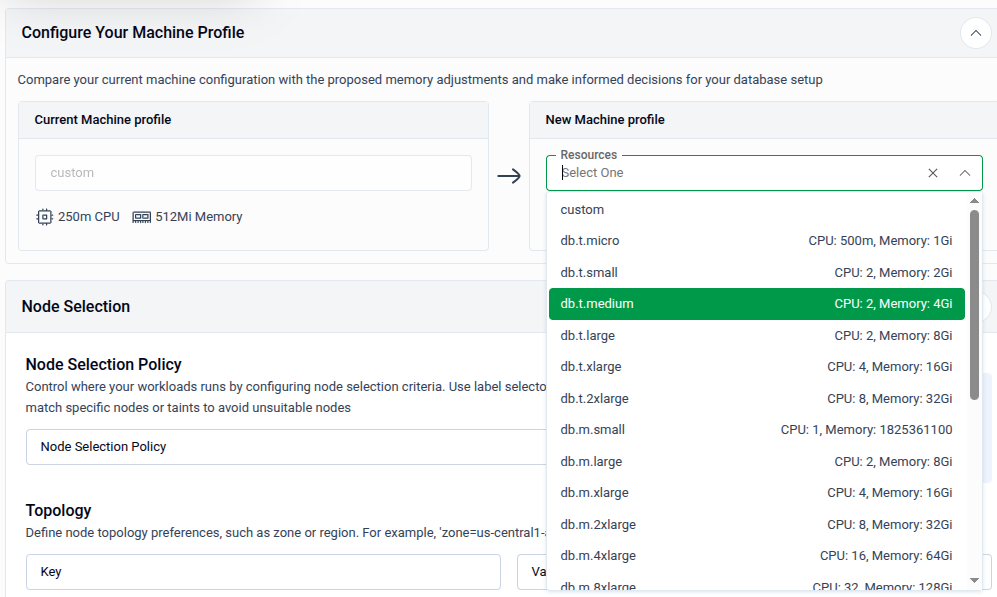 Machine Profile with Resources dropdown expanded showing available preset CPU and Memory options