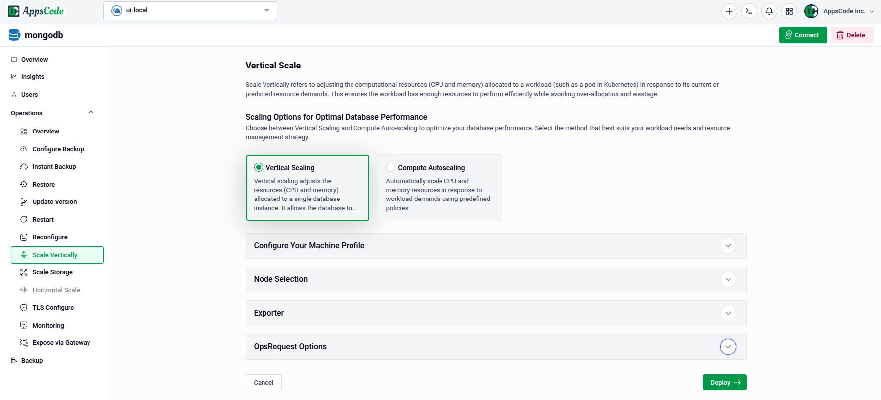 Vertical Scale form overview showing method cards, Machine Profile, Node Selection, Exporter, and OpsRequest Options sections