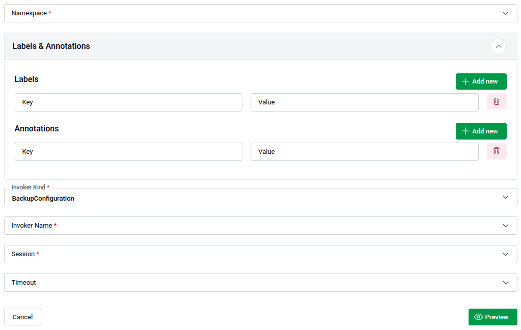Create BackupSession form fields showing all required and optional sections
